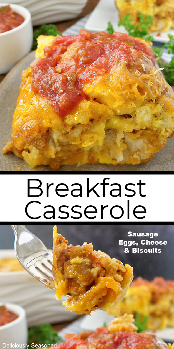 A double collage photo of breakfast casserole with the title of the recipe in the center of the two photos.