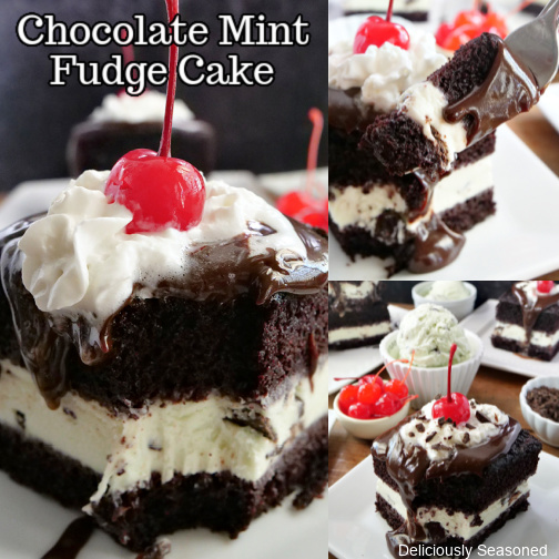 A three photo collage of mint chocolate cake with small bowls of ice cream and cherries in the background.
