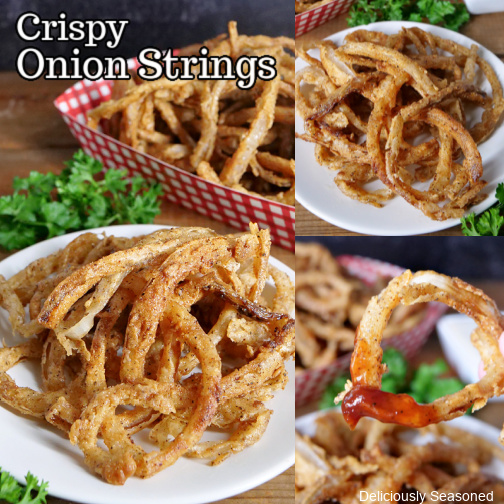 A three photo collage of crispy onion strings on a white plate with ranch dressing and BBQ dipping sauces.
