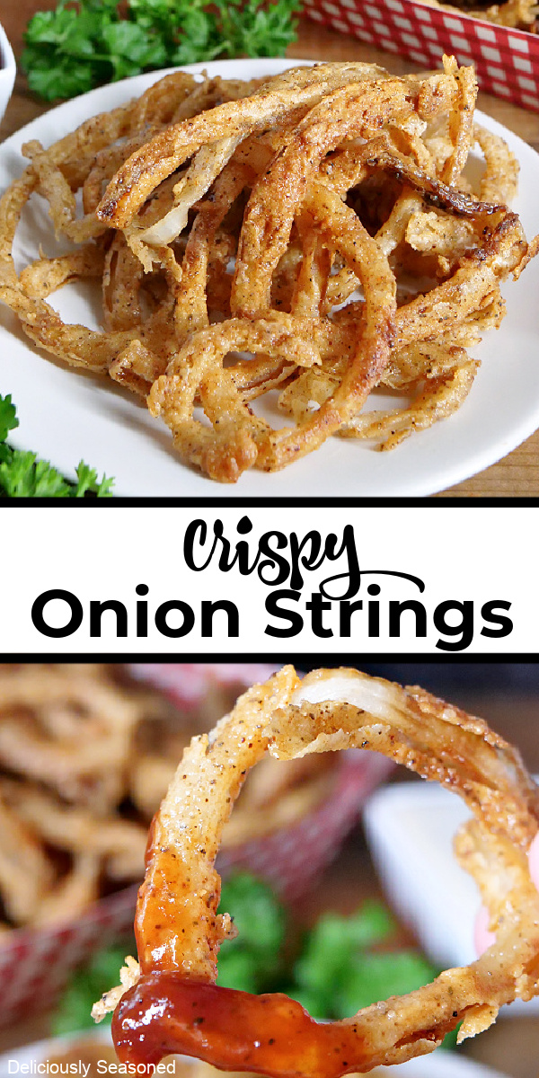 A double photo collage of fried crispy onions strings stacked up in a pile.