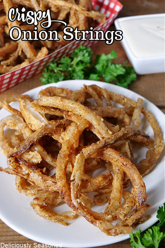 Fried onion strings on a white plate with a small white bowl of ranch in the background.