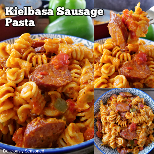 A three photo collage of kielbasa pasta in a white and blue bowl with blue trim and green bell peppers in the background for decoration.