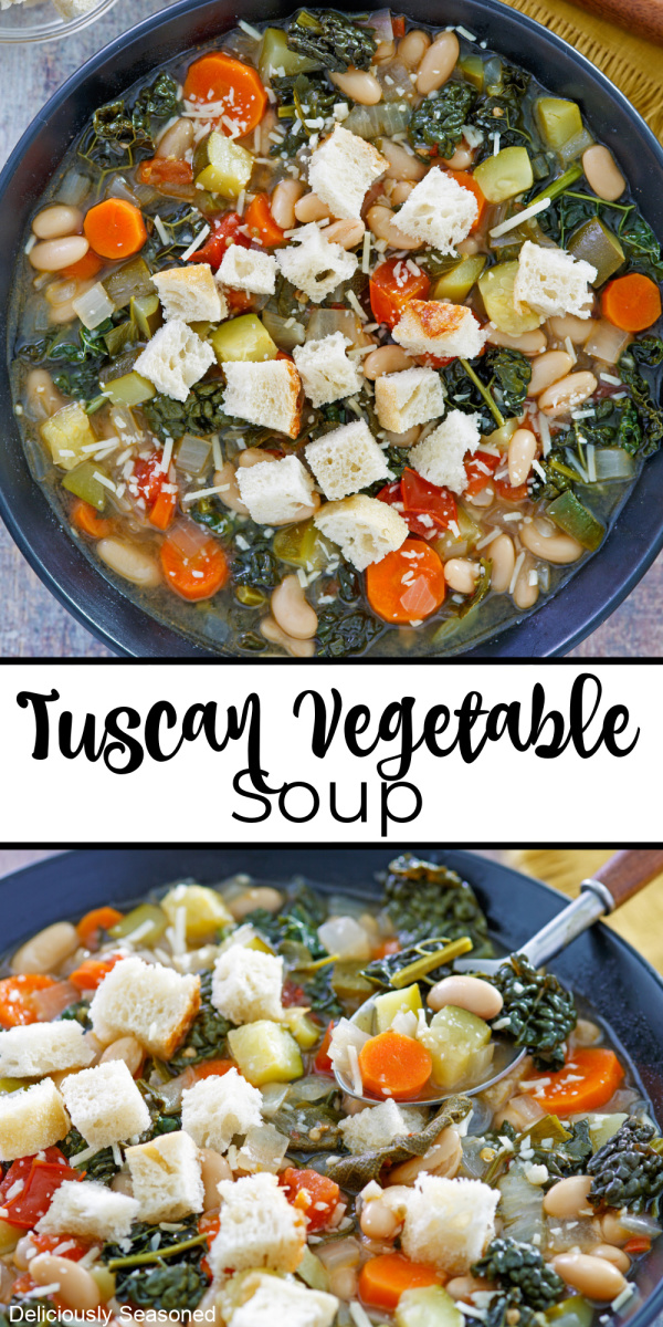 A double collage photo of Tuscan vegetable soup in a black bowl.