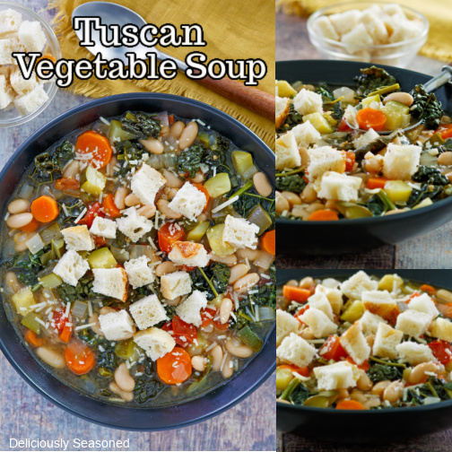 A three collage photo of Tuscan Vegetable Soup.