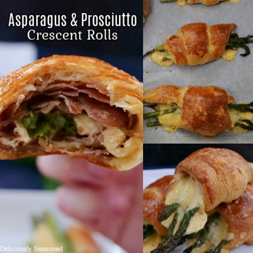 A three photo collage of asparagus and prosciutto rolls ups.