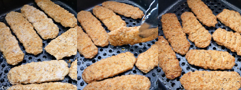 A collage photo of three photos of "in process" shots of the frozen steak fingers in the air fryer.