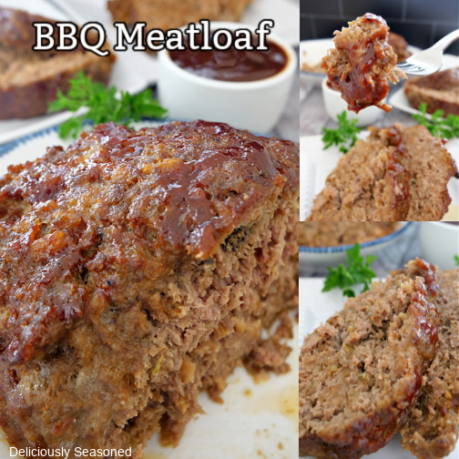A three photo collage of bbq meatloaf covered in BBQ sauce and served on a white plate, with a white bowl of bbq sauce in the background.