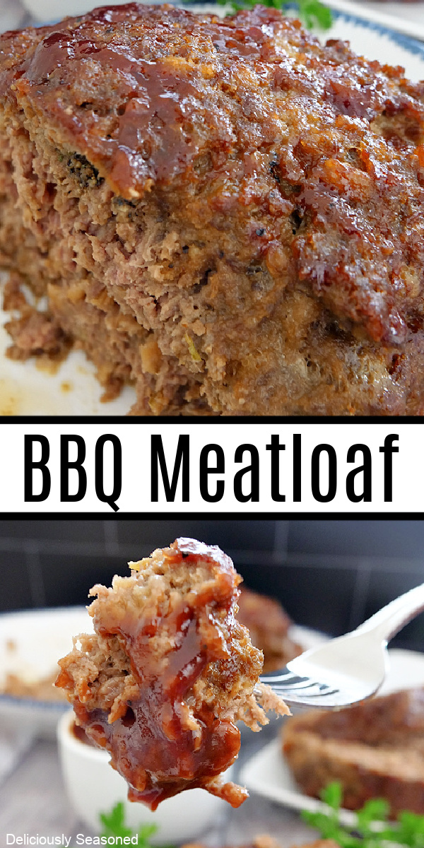 A double photo collage of bbq meatloaf on a plate and with a bite being held up