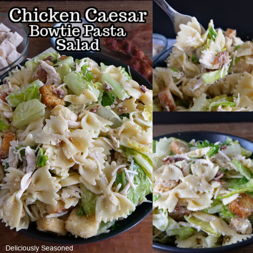A three photo collage of a black bowl filled with pasta Caesar salad with bacon and chicken.