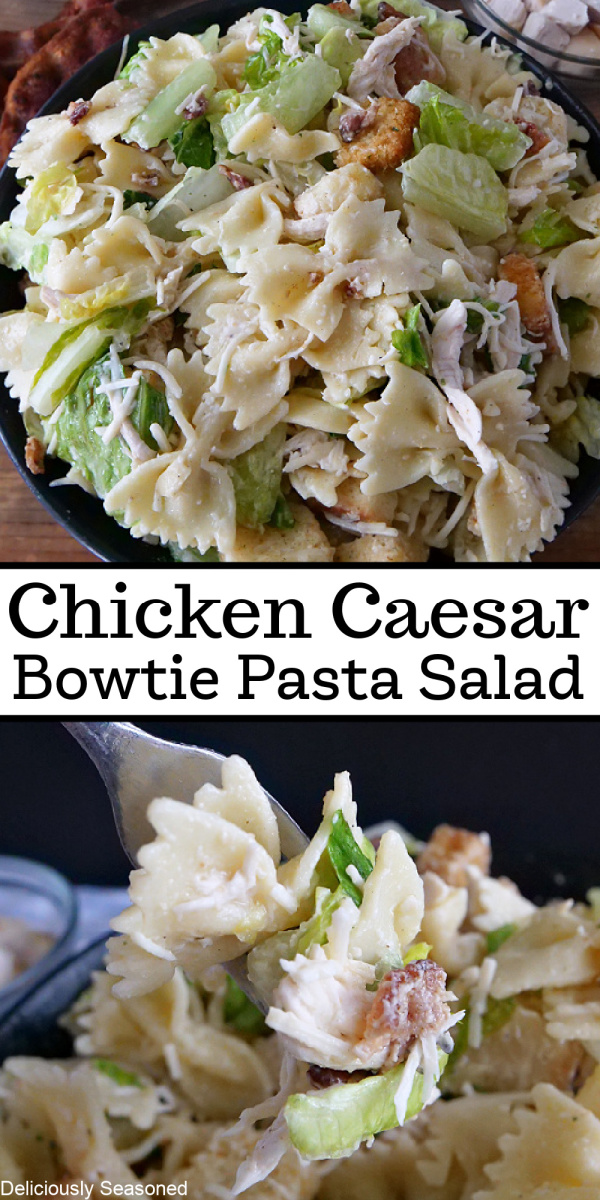 A double collage photo of a pasta salad and Caesar salad in one.
