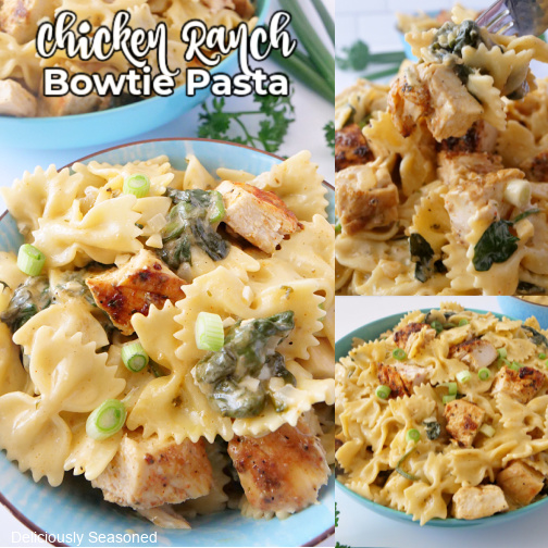 A three collage photo of chicken, spinach, bowtie pasta in a light blue bowl.