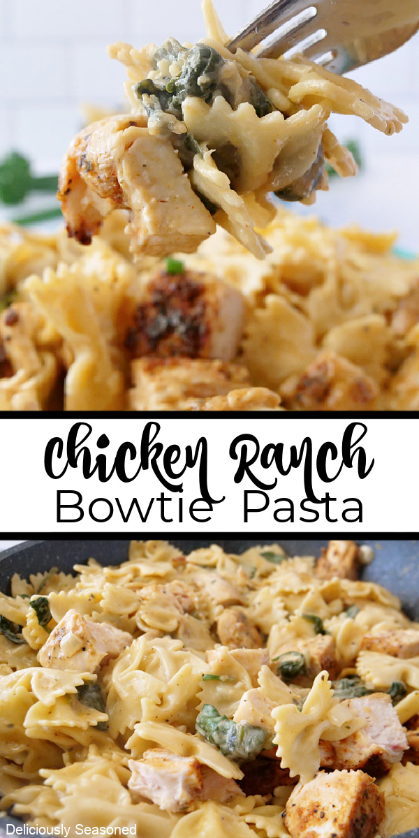 A double collage photo of chicken ranch bowtie pasta on a fork and in a pan.