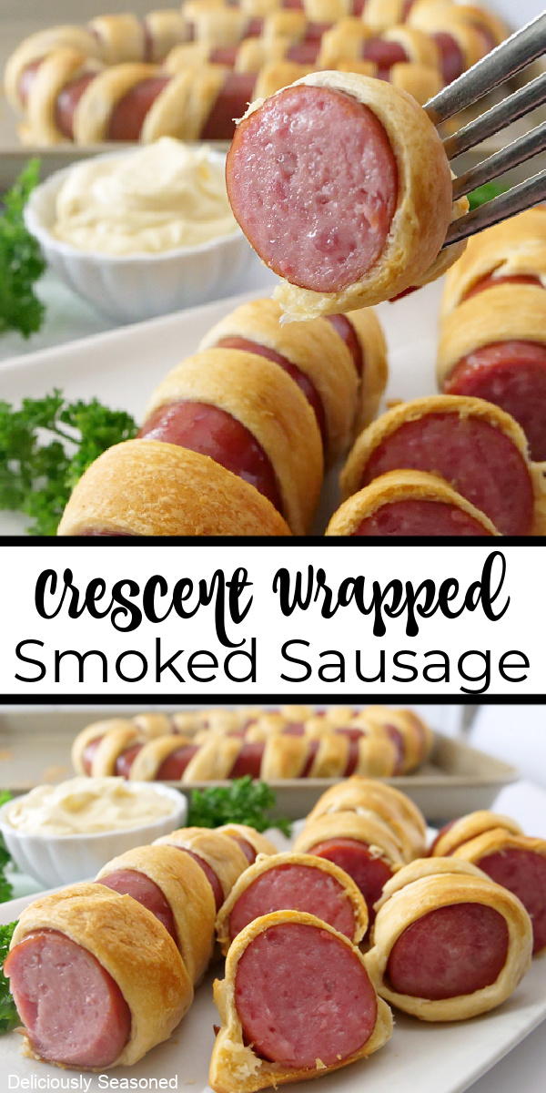 A double photo collage of crescent wrapped sausages sliced and placed on a white plate.