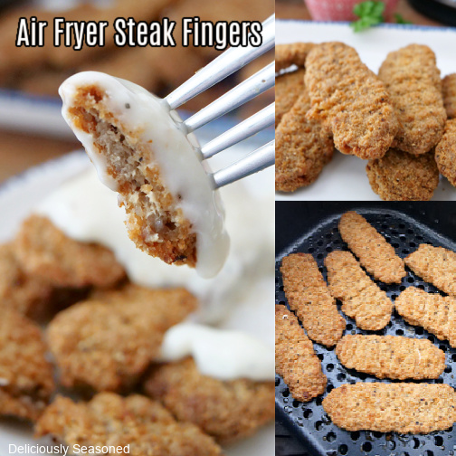 A three collage photo of steak fingers that have been cooked in the air fryer.