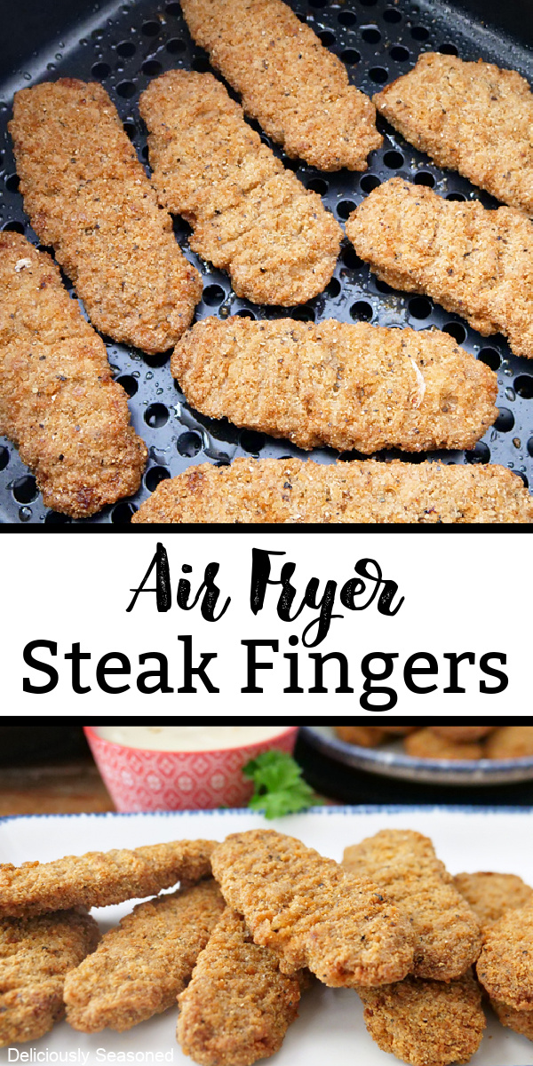 A double collage photo of steak fingers that have been cooked in the air fryer.