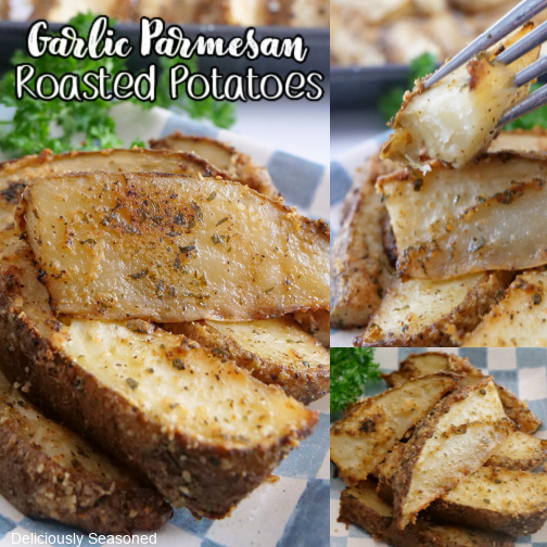 A three photo collage of Garlic Parmesan roasted potatoes sitting on a plate with a bite on a fork in one of them.