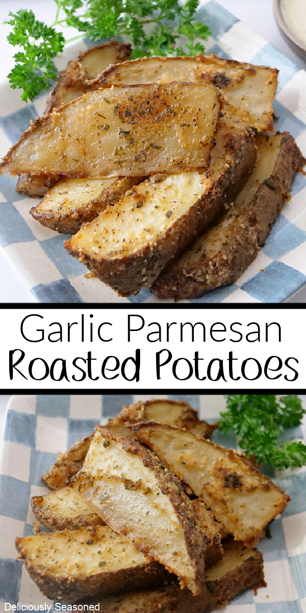 A double photo collage of garlic parmesan potatoes stacked up on a plate.