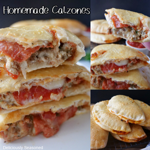 A triple phot collage of calzones stacked up on one another, with melted mozzarella, Italian sausage, and pepperoni.