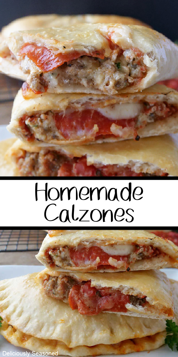 A double photo collage of calzones loaded with pepperoni and Italian sausage.