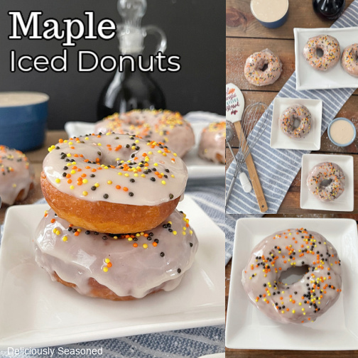 A three photo collage with donuts on white plates.