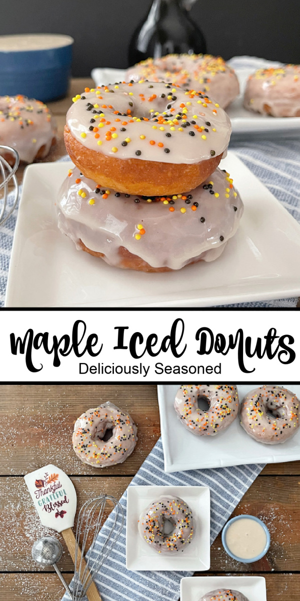 A double collage photo of homemade maple donuts on a white plate.