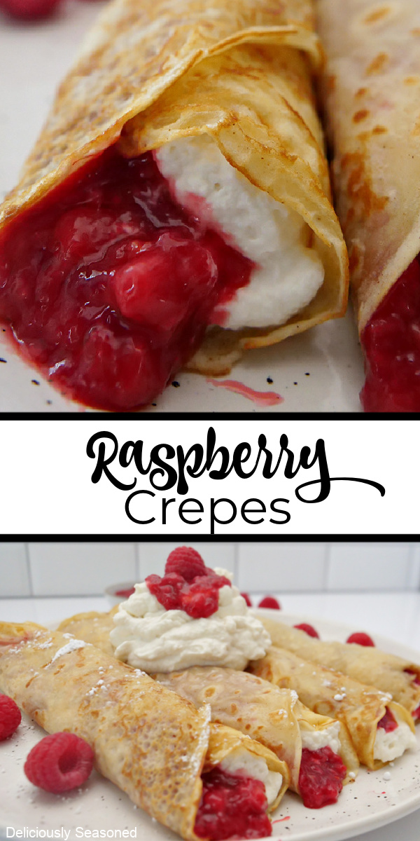 A double collage photo of raspberry crepes.