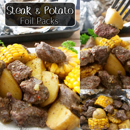 A three collage photo of steak and potato foil packs.
