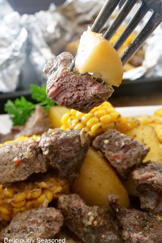 A fork with a bite of steak and potato on it.