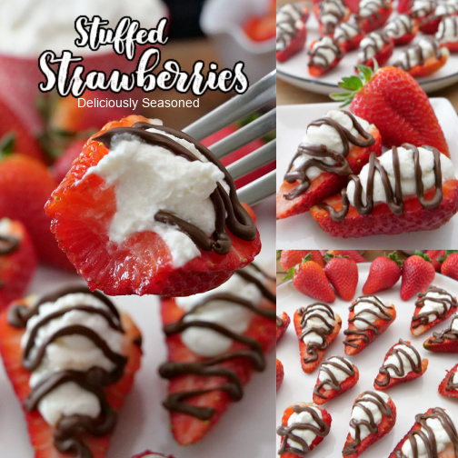A three photo collage of stuffed strawberries topped with drizzled chocolate.