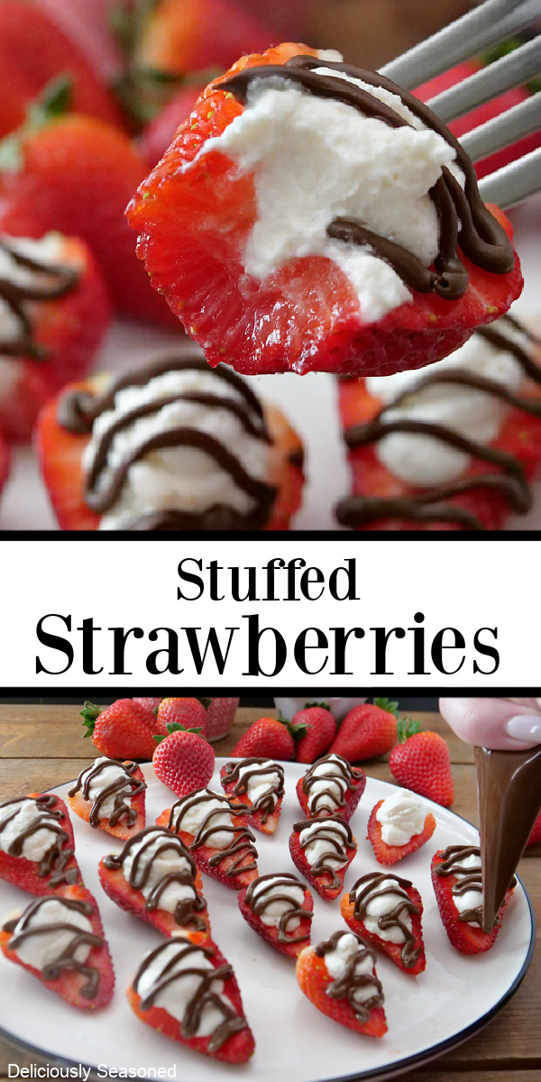 A double photo collage of stuffed strawberries on a white plate.