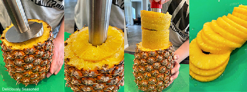 An in process shot of four photos showing how to use a pineapple corer to cut and slice a pineapple.