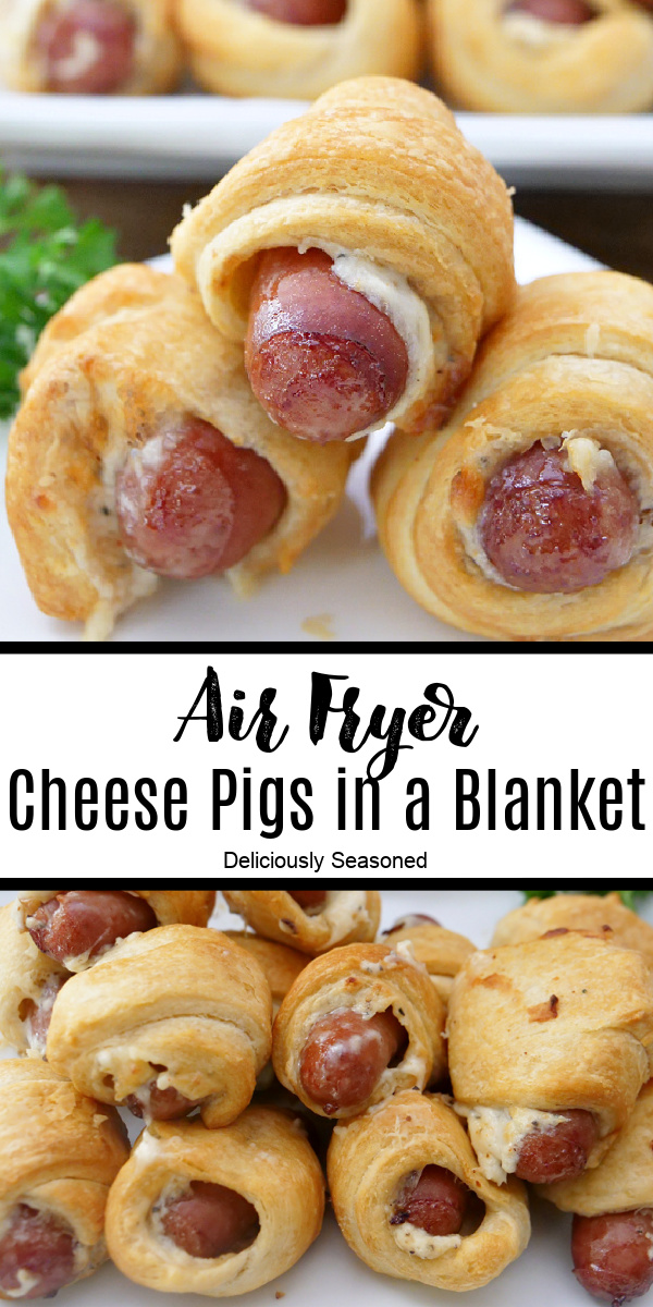 A double pic of cheese pigs in a blanket with the title in the middle.