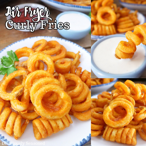 A three photo collage of curly fries on a white plate with a small blue bowl of ranch dressing in the background for dipping.