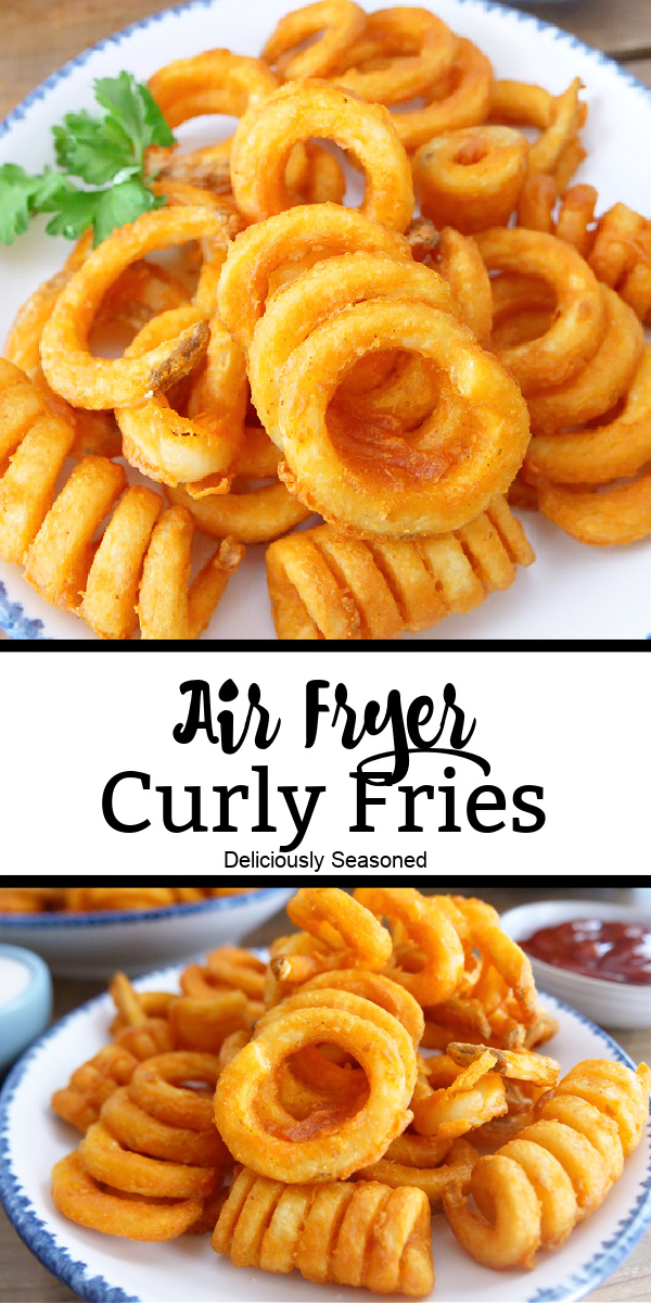  A double photo collage of crispy curly fries on a white plate. 