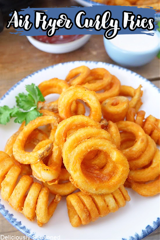 A white plate with blue trim loaded with crispy curly fries.