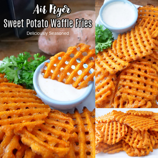 A three photo collage of sweet potato waffle fries stacked up on a white plate, with ranch dressing in a bowl on the side for dipping.