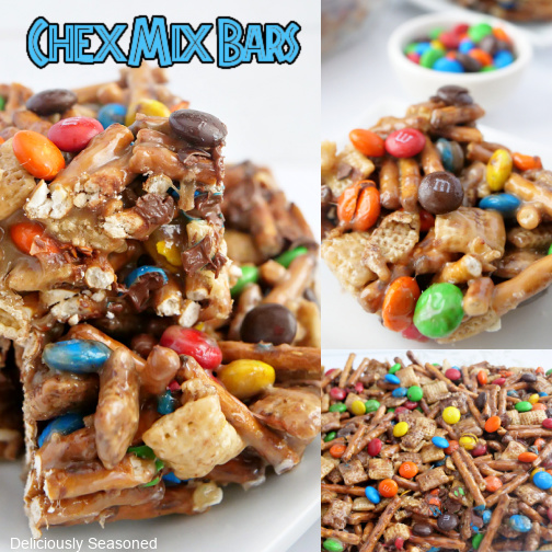 A three-picture collage of Chex Mix Bars with the title in the top left corner.