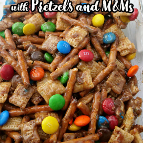 A glass baking dish with Chex Cereal Bars before they are cut into bars.