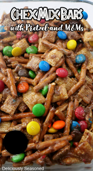 A picture of Chex Mix bars in a glass baking dish with the title at the top.