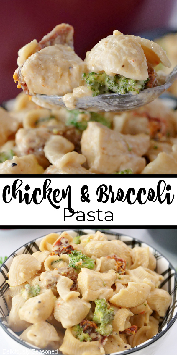 A double photo collage of chicken and broccoli pasta in a bowl with a bite on a spoon.