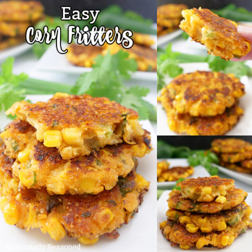 A three photo collage of corn fritters stacked up on a white plate with the recipe title at the top left.