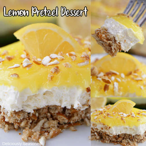 A three-picture collage of lemon pretzel dessert with the title in the top left corner. 