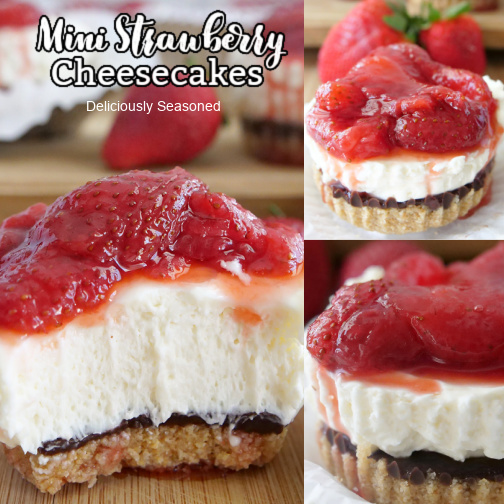 A three photo collage of mini cheesecakes with layer of chocolate between the crust and the cheesecake and a strawberry sauce on top.