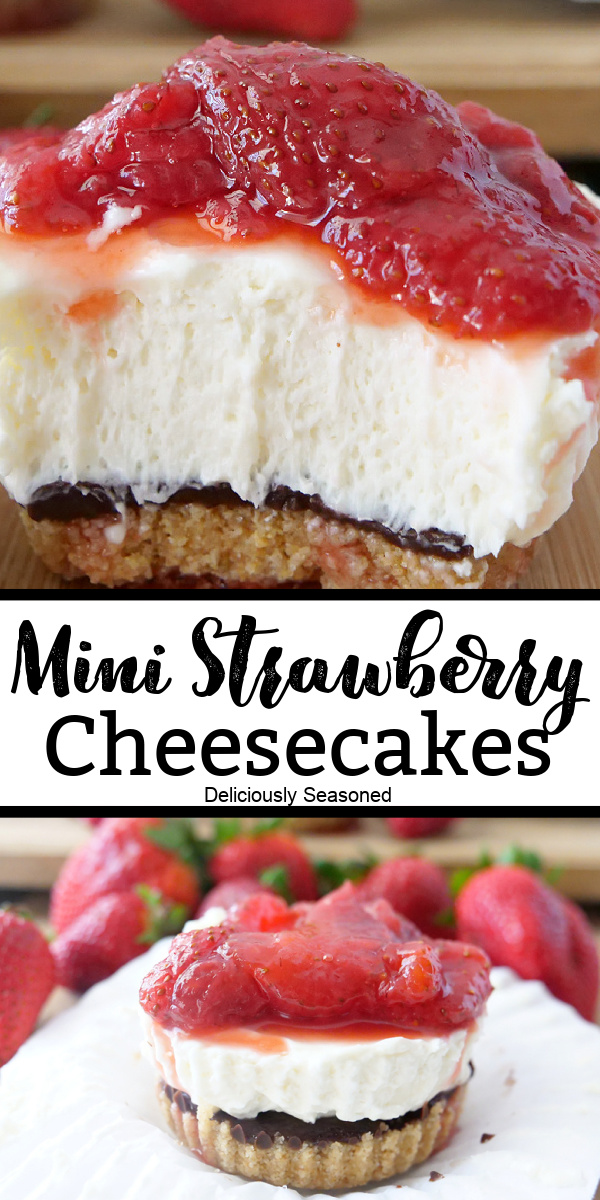 A double photo collage of strawberry cheesecakes sitting in the muffin liner and another one with a bite taken out.