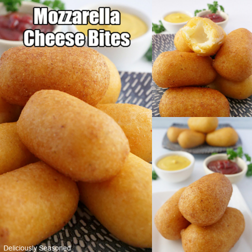 A three photo collage of mozzarella cheese bites on a blue plate with white dots.