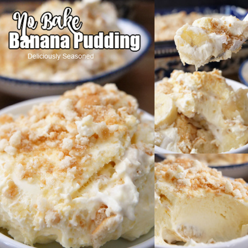 A three photo collage of banana pudding in white dishes.