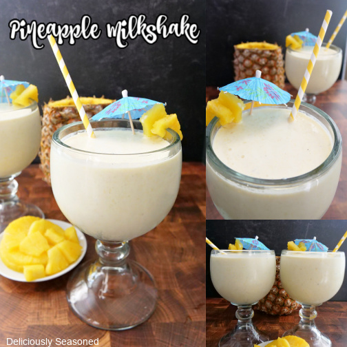 A three photo collage of milkshakes in large glasses with diced pineapple in the background for decoration. 