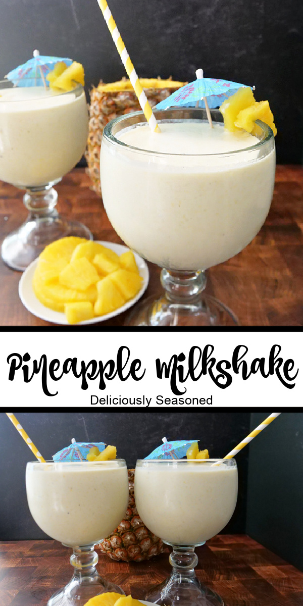 A double photo collage of pineapple milkshakes with the title in between the pics.