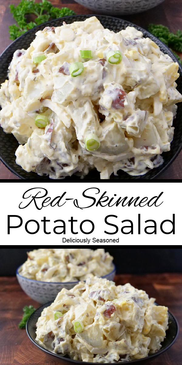 A double picture of red-skinned potato salad in a black bowl with the title in the center.