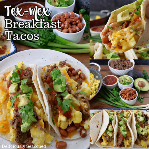 A three photo collage of breakfast tacos on a white plate.